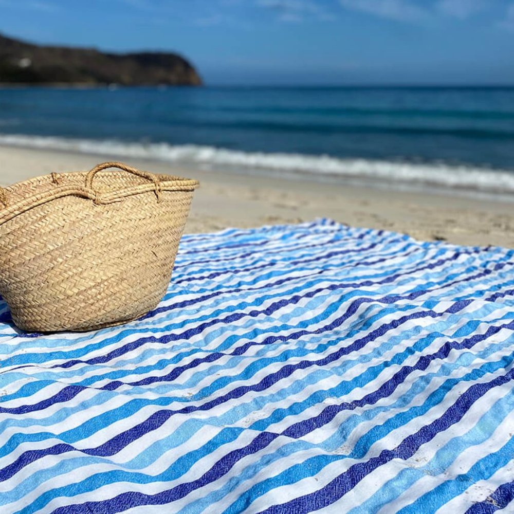 Las Bayadas Blue Striped Beach Towel Blanket La Esther NWT